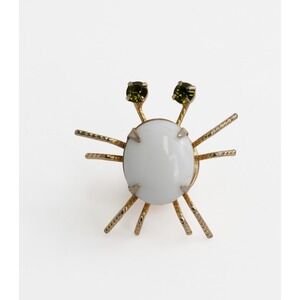 Vintage Gold Tone Spider Lapel Pin White Glass Green Rhinestone Eyes